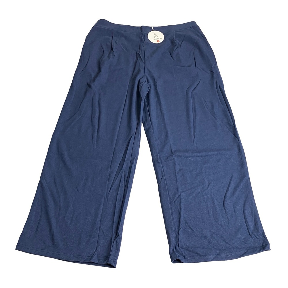 Anrabess Wide Leg Pants Womens XL Navy Blue Waffle Knit Pull On Pockets Casual